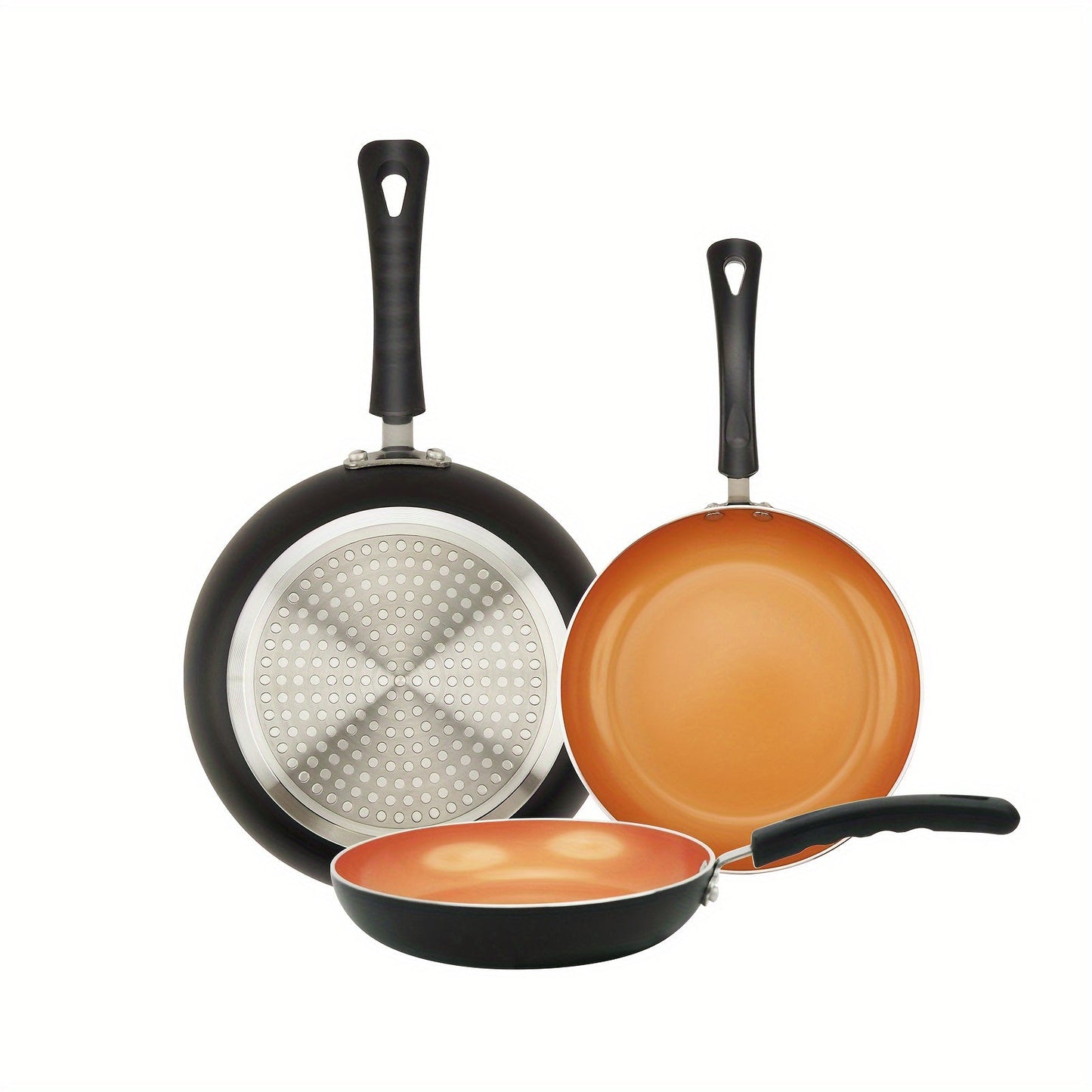 3-piece set of nonstick frying pans, featuring a golden ceramic coating that is suitable for induction cookware. Includes pans in sizes 20.32cm, 24.13cm, and 27.94cm, perfect for cooking omelettes and eggs. PFOA and PFAS free, making it a safe choice for