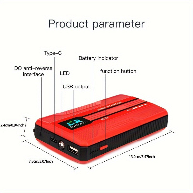 Portable smart start clip car battery booster and power bank starting device for universal 12V car battery jump starting.