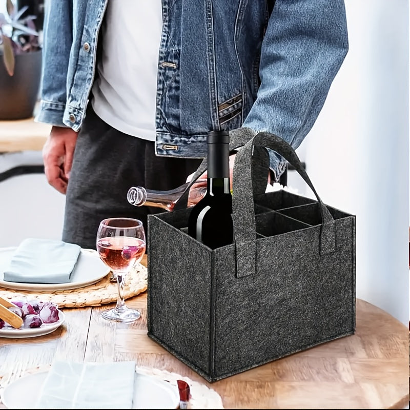 Stylish felt wine and beer bottle tote, holds up to 6 bottles, portable and lightweight, perfect for dinners and travel.