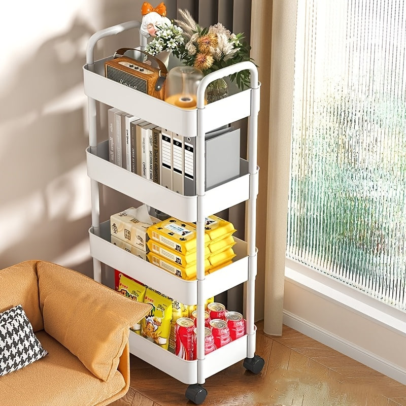 The white storage rack with wheels is a versatile 5-tier solution for organizing items in the kitchen, bathroom, or living room. It is ideal for storing snacks and coffee pods.