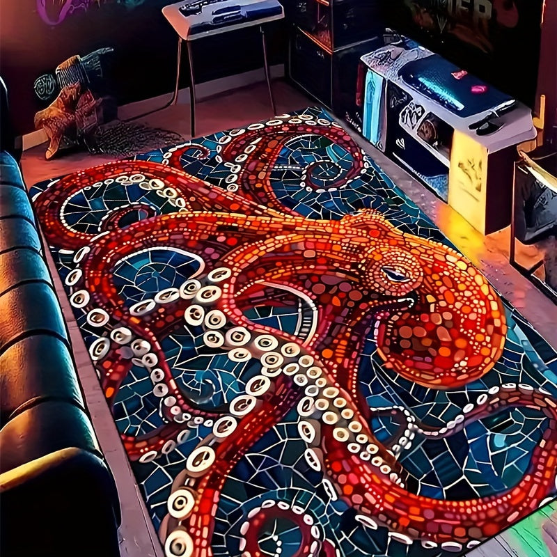 Artistic Deep Sea Octopus Painting Carpet Rug, Soft Rectangle Rug with Thicken Foam Cushion and Microfiber Surface, Decorative Floor Rug with Anti-slip Bottom Print, Machine Washable Rug for Living Room, Kitchen, and Entryway Decoration.