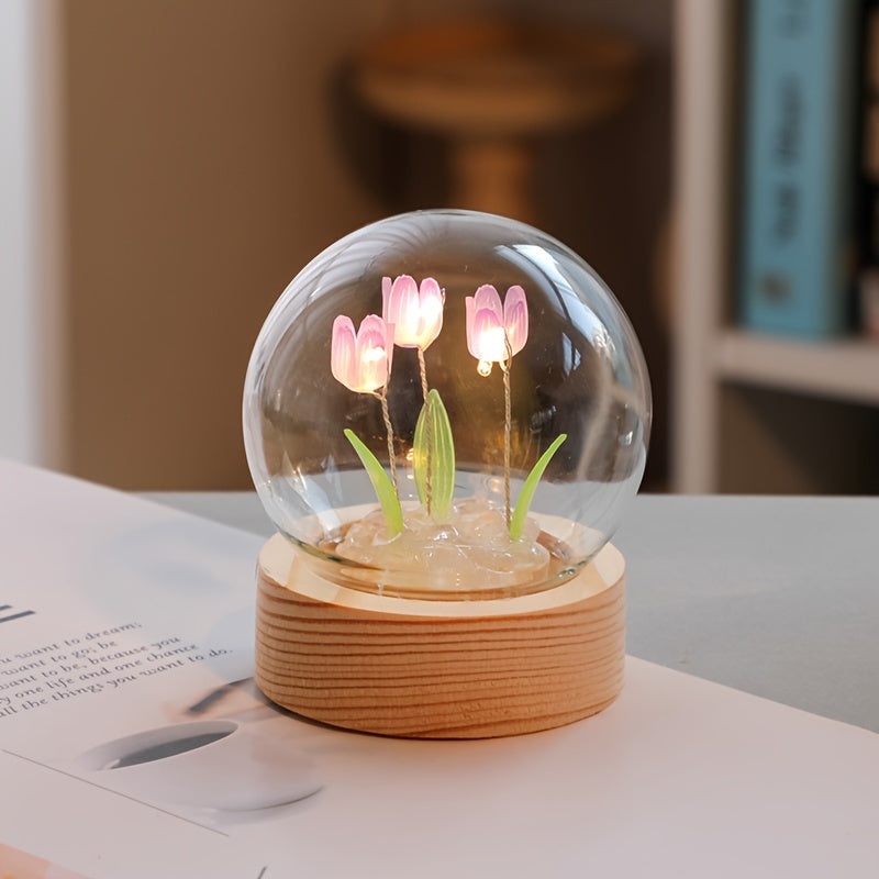 Modern handmade glass tulip night light with switch control. Perfect gift for Mother's Day or birthday. Battery-powered (battery not included).