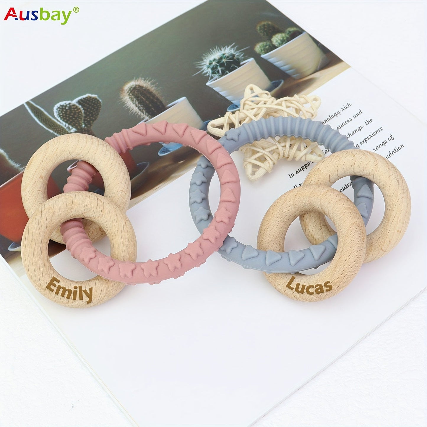 Customizable Silicone Wooden Rattle Ring, Personalized Keepsake With Cute Wood Rings