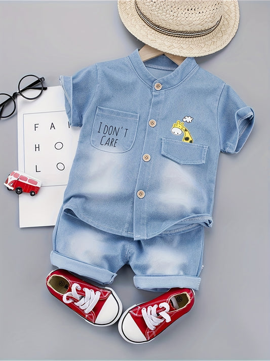 Baby boys' cute cartoon denim outfit for summer parties.