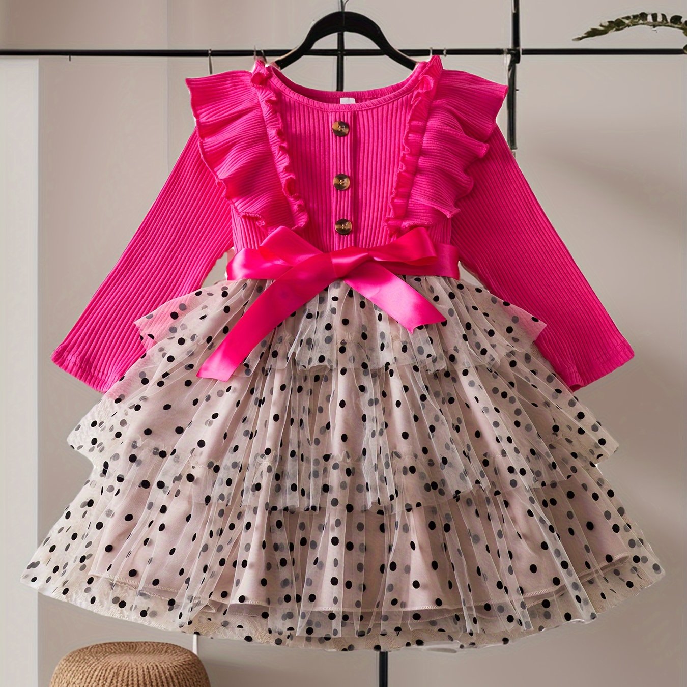 Stylish Polka Dot Princess Dress with Mesh Layered Tutu for Winter/Fall