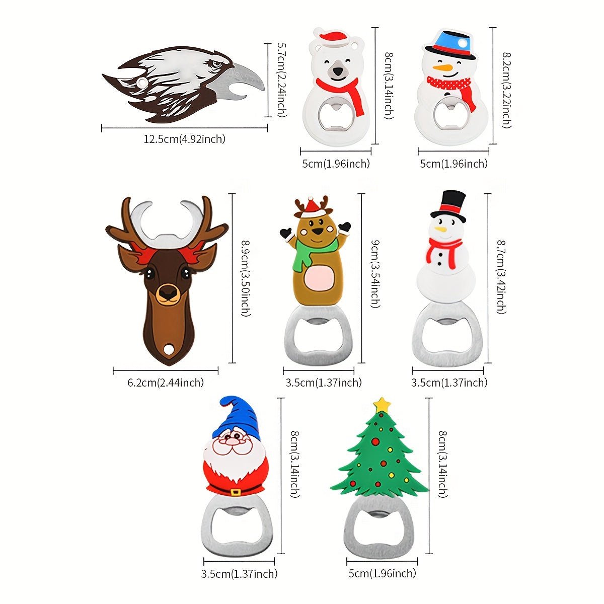 Festive stainless steel Christmas bottle openers in Santa, Reindeer, Tree, and Eagle designs for kitchen and party supplies.