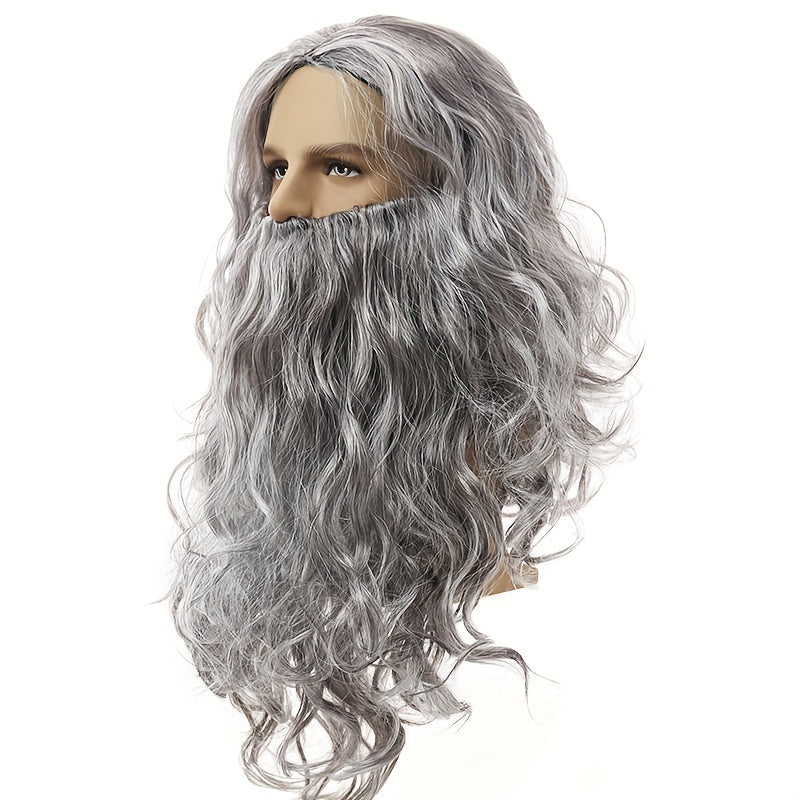 King Wig Cosplay Wig for Men, Long Grey Wavy Beard Wig, Synthetic and Heat-Resistant, Perfect for Halloween, Cosplay, Christmas Party