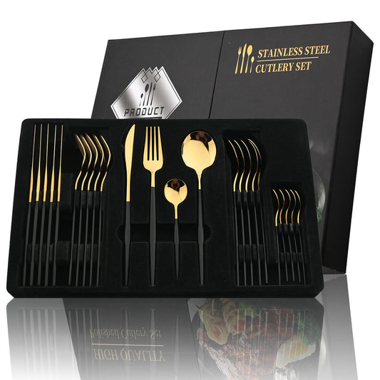 24-piece black handle gold cutlery set made of stainless steel for kitchen or dining use, perfect for gifting.