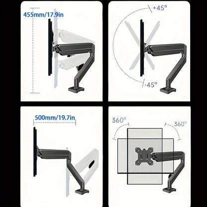 Adjustable gas spring monitor arm stand for up to 81.28 cm screens, with clamp/grommet base for ergonomic support.