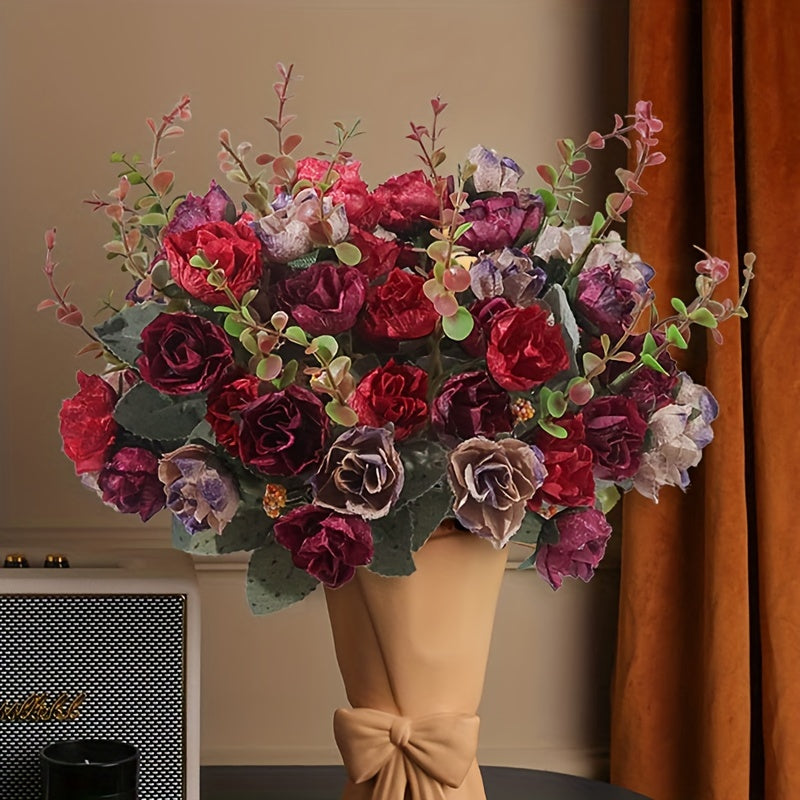 2 bundles of artificial rose flowers with 42 heads, suitable for cemetery decorations, home decor, or wedding bouquets. Perfect for adding a touch of summer faux flower decor.