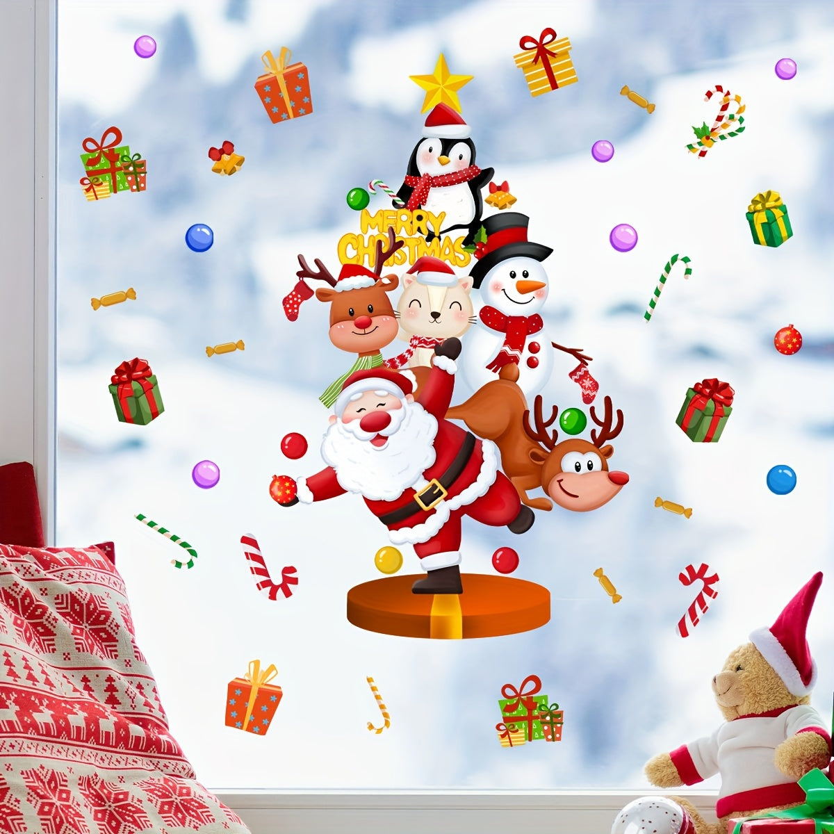 Get into the holiday spirit with our Christmas Cheer Window Clings featuring a whimsical Santa and Reindeer Design. Each cling measures 20x30cm and is double-sided for easy viewing from both inside and outside. These electrostatic glass decals are