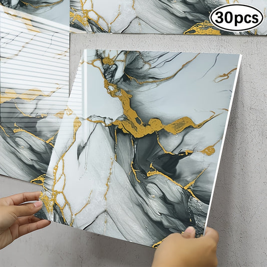 30 self-adhesive marble effect wall tile stickers in black and golden design, waterproof PVC material, cuttable and peelable, ideal for kitchen and bathroom, each sticker measures