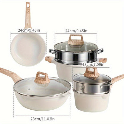 4-piece Beige Cookware Set with Non-Stick Coating - Includes Frying Pans for Steak, Eggs, and Pancakes - Compatible with Gas and Induction Stoves - Ideal for Home Kitchens.