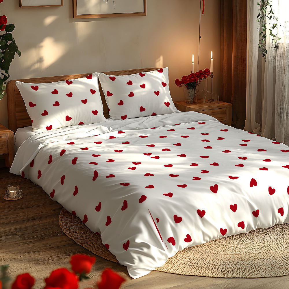 Valentine's Day-themed 3-piece bedding set featuring pure love design pattern made of soft fleece fabric with 3D digital printing. Includes 1 quilt cover and 1-2 pillowcases. Suitable for