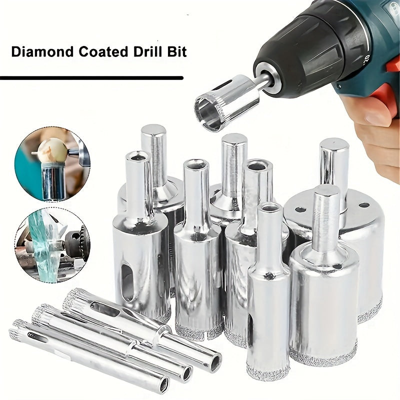 Set of 10 diamond-coated drill bits for cutting marble, glass, ceramic, and porcelain with power tools.