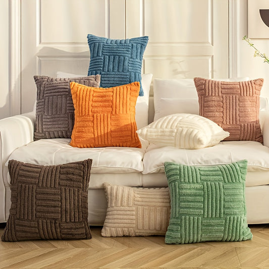 Two Bohemian Style Knitted Plush Pillow Covers featuring Double-Sided Sherpa Fleece, suitable for sofas, offices, and beds.