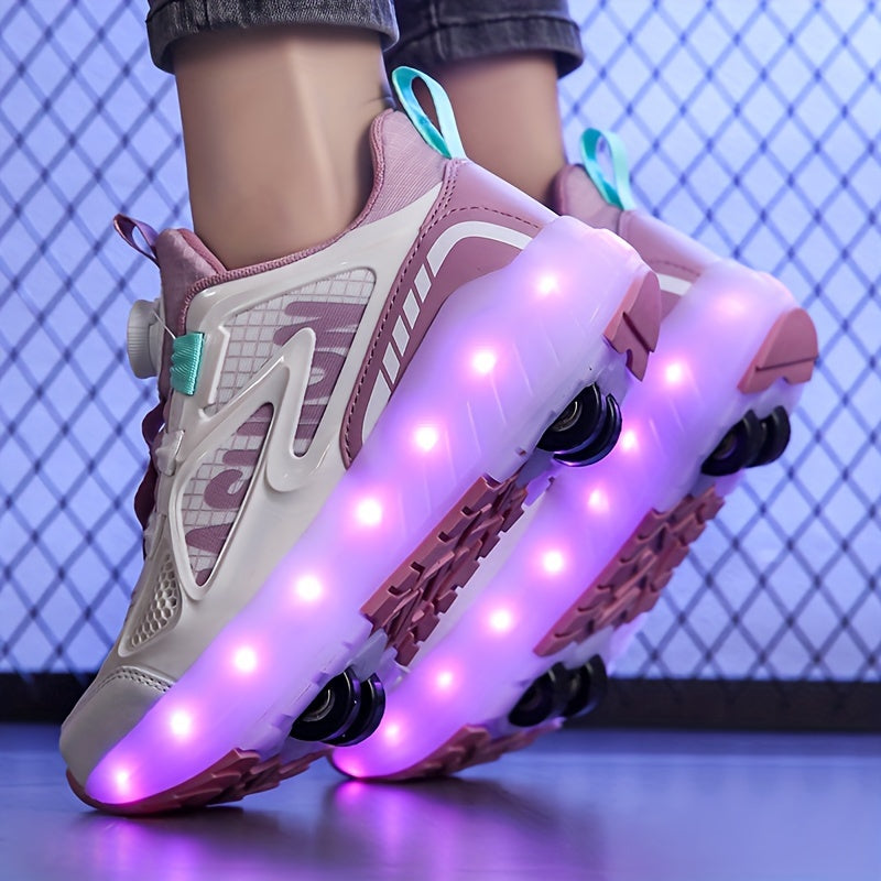 LED Roller Skates for Kids, 16 Modes, Rechargeable, Removable PU Wheels, Low Top, Striped Plaid Pattern, Rotary Buckle Closure, Boys & Girls Ages 14 and Under, Sizes 28-40.