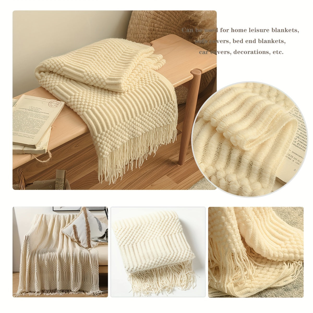 Soft and warm throw blanket for all seasons, perfect for the sofa, bed, car, or as a bed tail blanket. Features knitted tassels and multifunctional design.