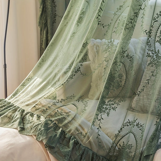 Vintage green floral embroidery sheer short curtain adds a romantic touch to any room. This lace voile window drapery features ruffled detailing, making it a perfect window treatment for the bedroom, office, kitchen, living room, study, or any other