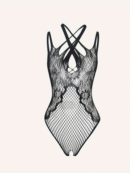 Sexy Mesh Pattern Sleeveless Bodysuit, Women's See-through Lingerie