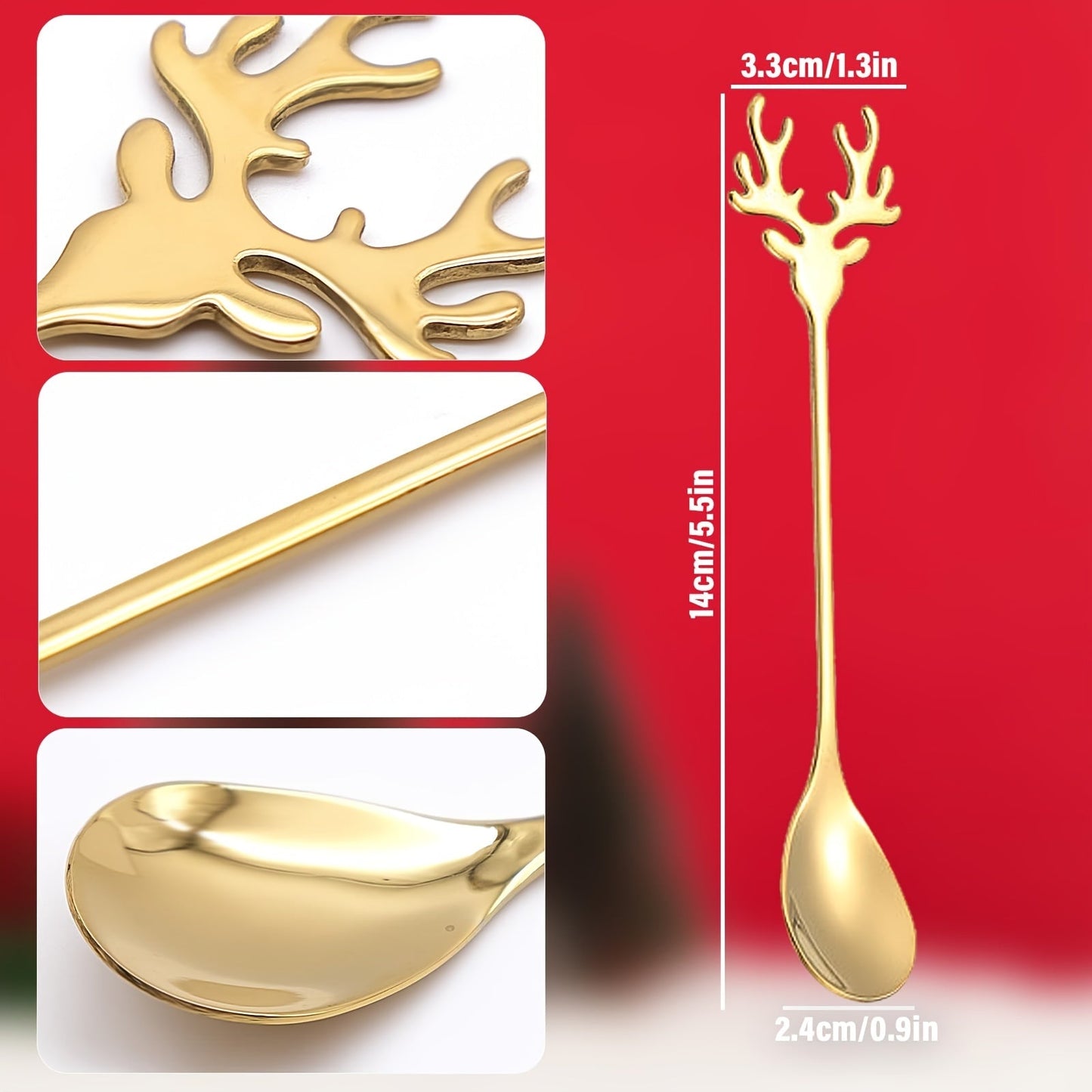 Collection of six festive holiday coffee spoons with a golden Christmas theme, showcasing a charming reindeer head motif crafted from durable stainless steel. Ideal for stirring espresso or tea with seasonal flair.