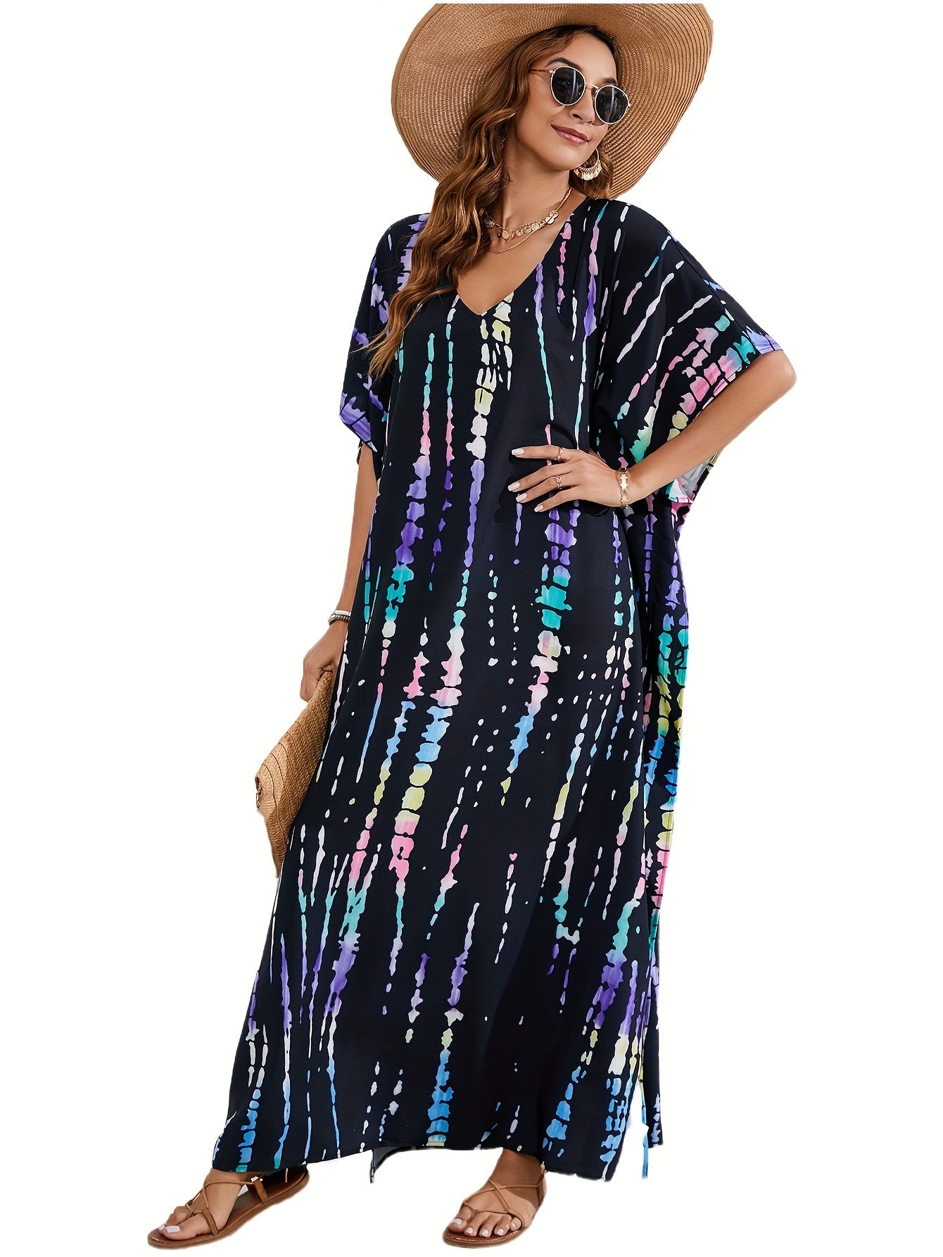 Plus Size Boho Cover Up with Tie Dye Stripes and Batwing Sleeves