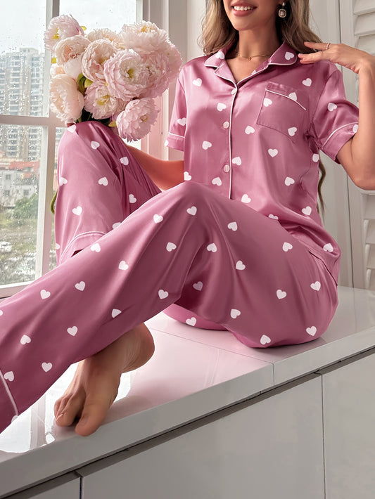 Women's Satin Pajama Set with Heart Print Top and Elastic Pants