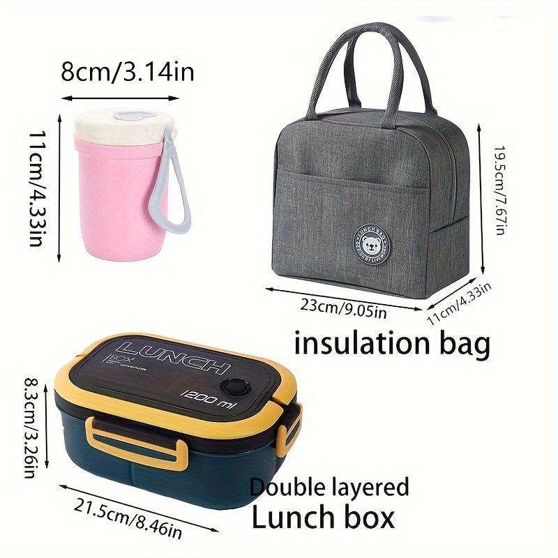 Three-piece set of versatile lunch bags with inner compartments and storage pouches, perfect for school, work, picnics and camping.