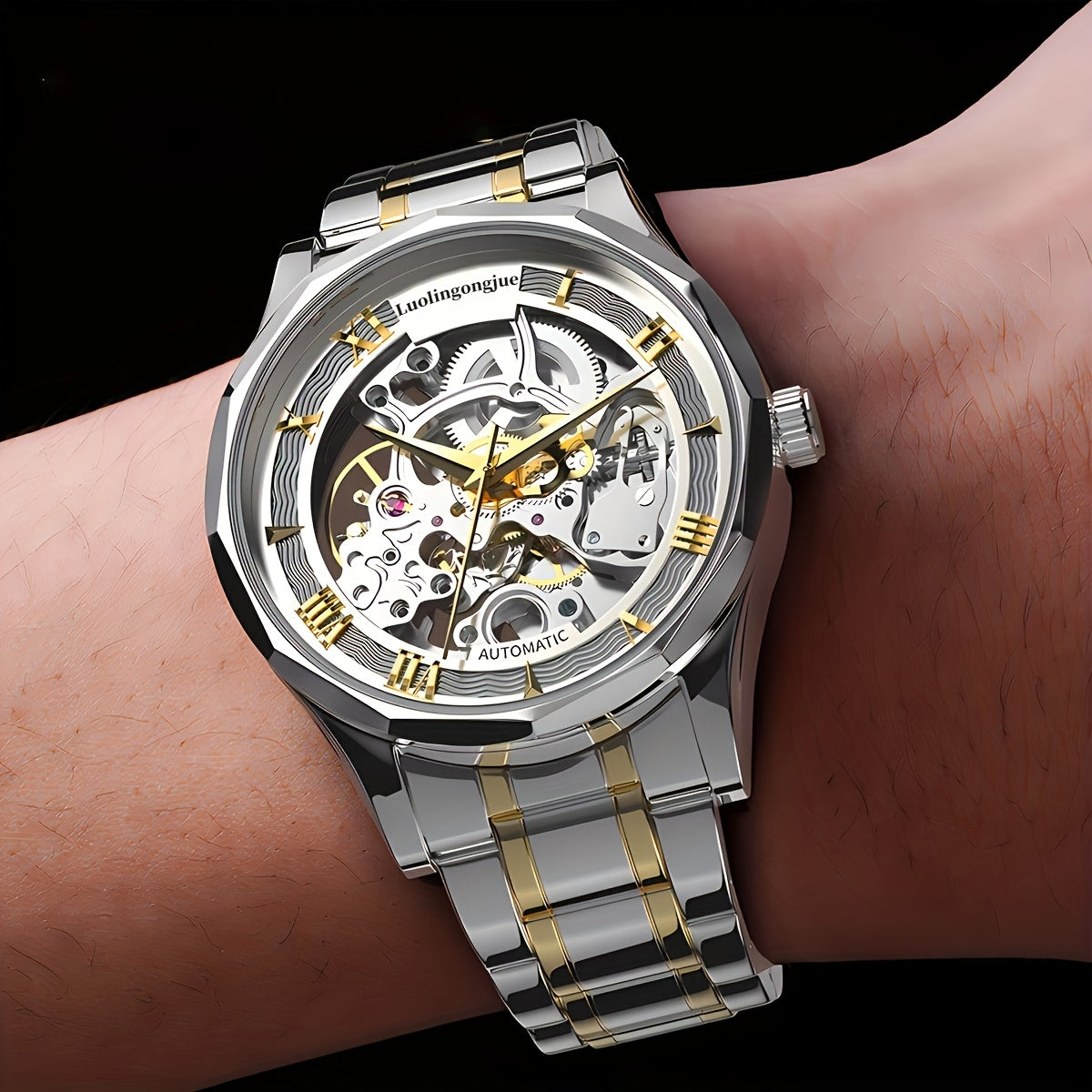 Luxury Men's Mechanical Watch with Stainless Steel Strap, Hollow Dial, and Automatic Self-Winding. Casual Style with Uncharged Power Mode; No Battery Required.