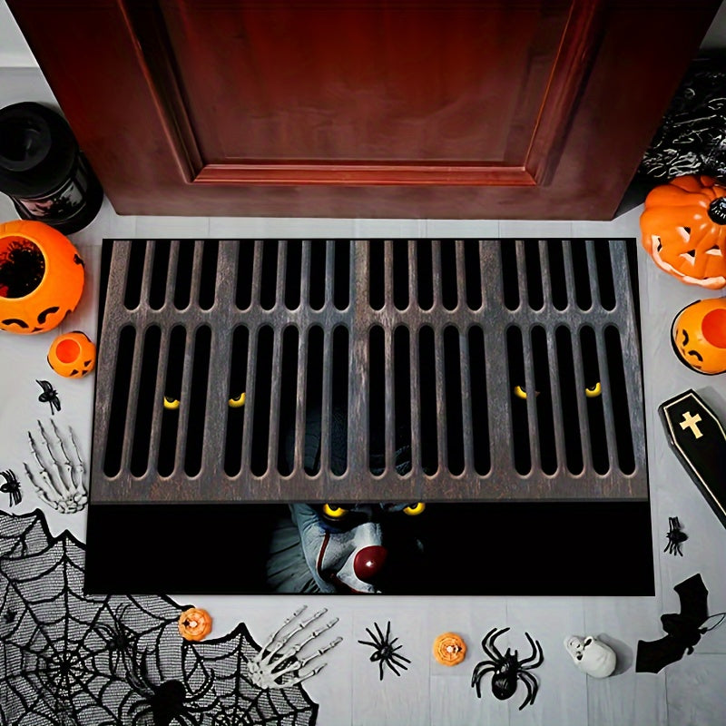 One piece of a non-slip, machine washable polyester door mat with a Halloween theme featuring "The Sewer Clown Has Two Pairs of Eyes Below." Available in sizes 15x23, 19x31, 23x35, and 31x47 inches, suitable for indoor and outdoor use in bedrooms, rooms