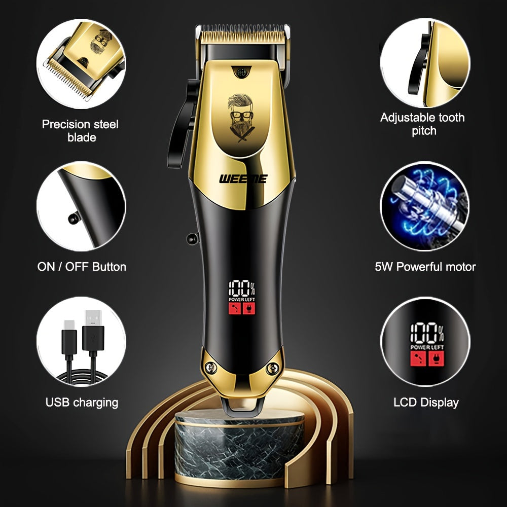 Golden hair cutting set for men includes professional clipper, razor, and trimmer. USB rechargeable with LCD display. Perfect gift for fathers, boyfriends, Father's Day, birthdays, and