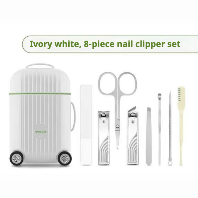 Set of 8 Modern Stainless Steel Nail Clippers, Includes Nail File, Tweezers, Ear Spoon, Cuticle Pusher, Dual-End Extractor. Portable and Odorless Nail Care Kit in Non-Woven Plastic Case. Perfect for Traveling and Gifting.