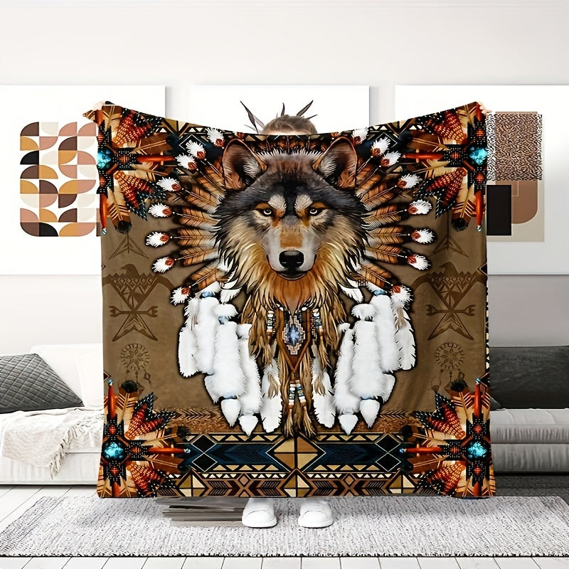 1 piece of Native American inspired blanket featuring a wolf feather print design. Made of soft and warm flannel, this blanket is perfect for snuggling up on the couch, sofa, office, bed, or even taking on camping trips or travels. A versatile gift for