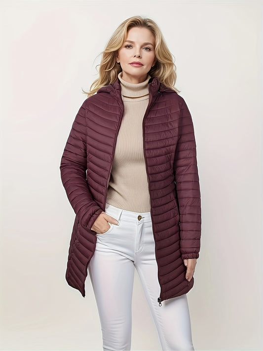 Women's lightweight puffer coat with detachable hood, perfect for winter comfort.