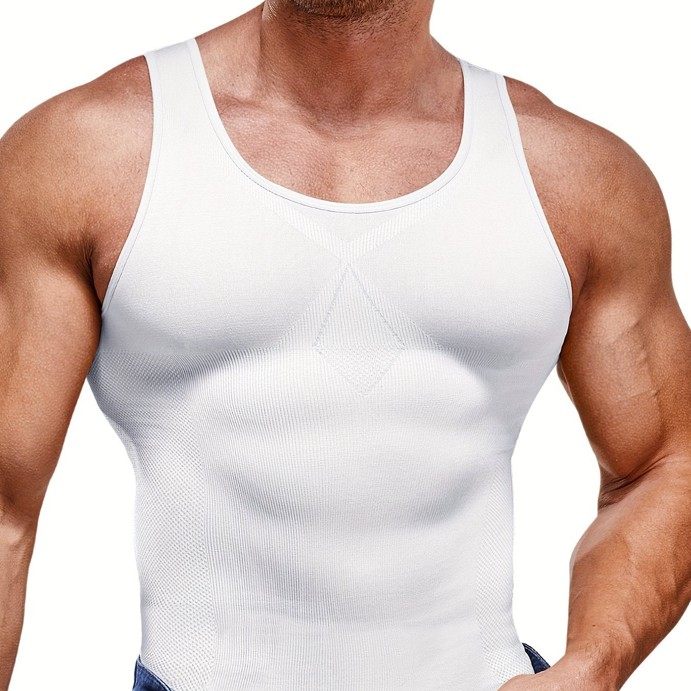 Men's sleeveless compression shirt shapes the body, controls tummy, and strengthens waist during workouts.