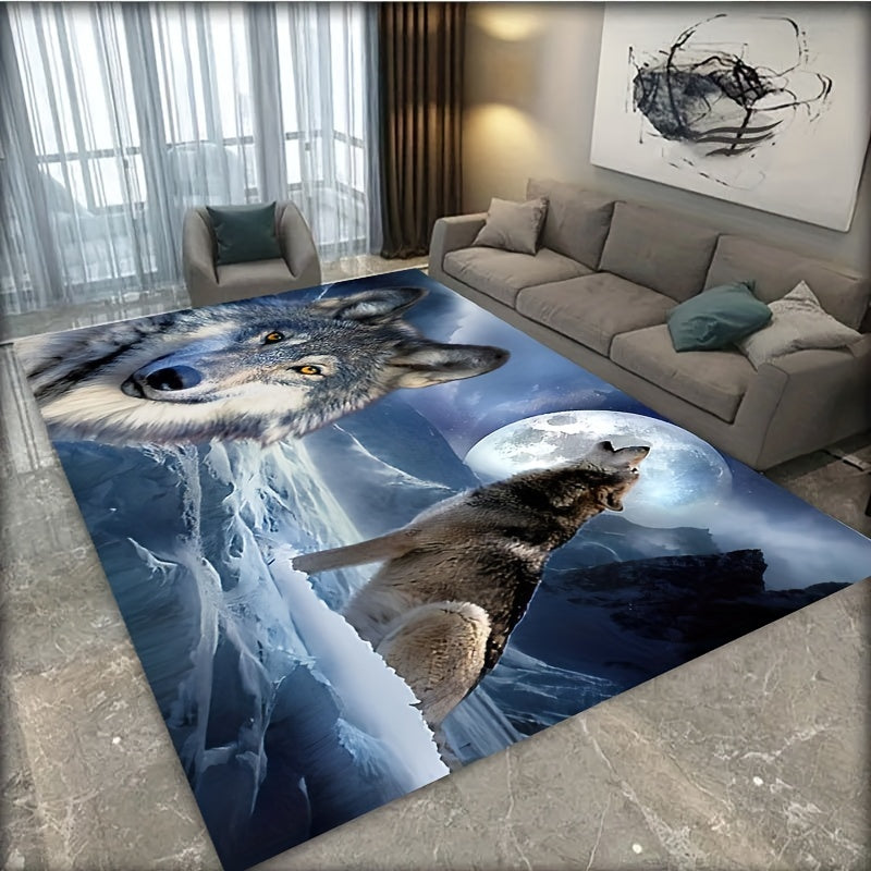 Decorate your home with this stunning 1-piece 3D snow wolf print rug, featuring a psychedelic motif design. This washable soft floor mat is perfect for any room in your home, including the living room, bedroom, bathroom, kitchen, laundry room, office