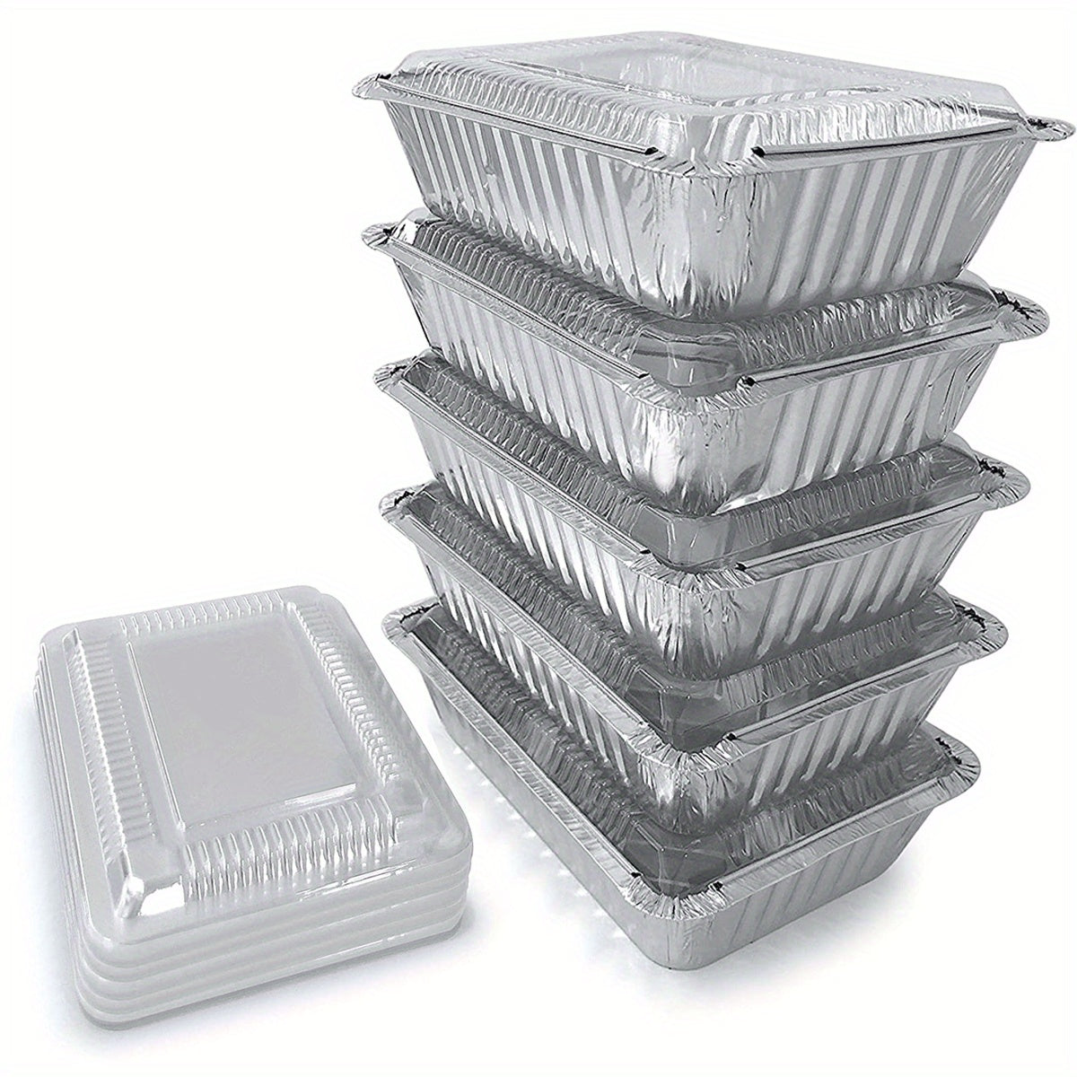 Set of 20 Aluminum Pans with Transparent Lids, Suitable for Takeout Containers. Made of Sturdy, Recyclable Aluminum Foil with a Secure Seal to Keep Food Fresh and Prevent Spills. Each pan measures 21.59cm x 16.51cm x 5.33cm.