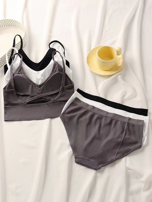 3-piece Elegant Lingerie Set with Seamless Ribbed Cami Bra and Panties for Women.