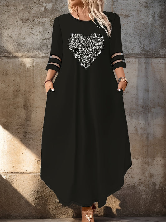 Women's plus size elegant dress with skull embellishment, polyester blend, stretch fabric, net mesh detail, heart pattern, 3/4 sleeve, suitable for all seasons.