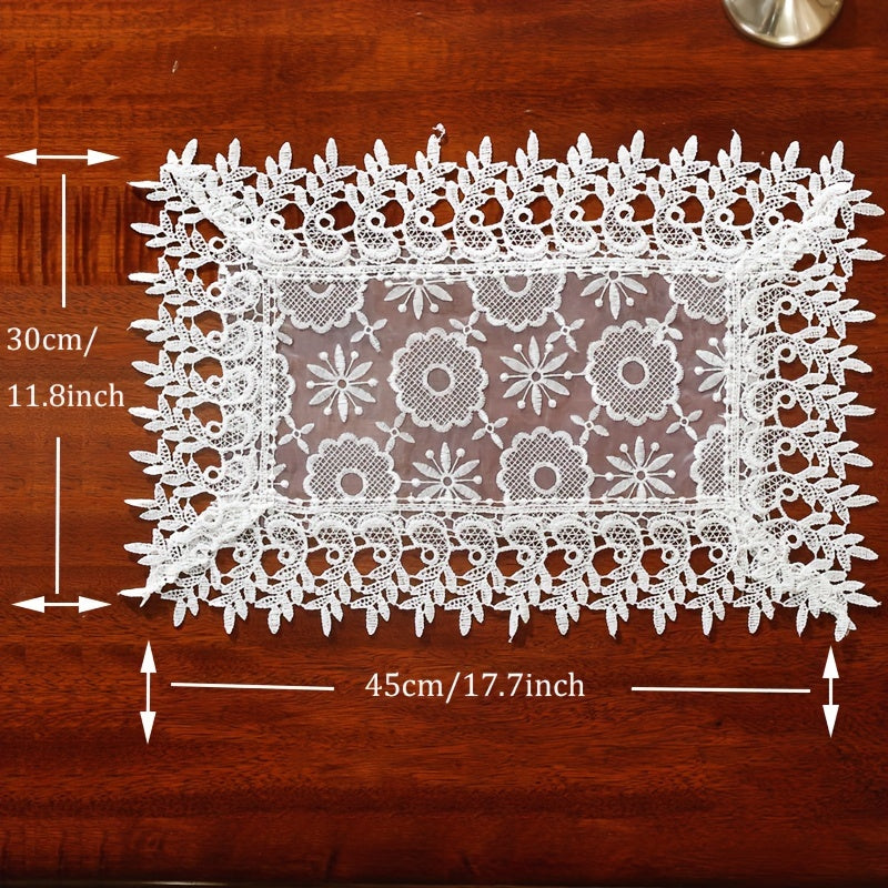 Polyester table runner with white embroidery flowers and lace edge, perfect for room or dining table decor.