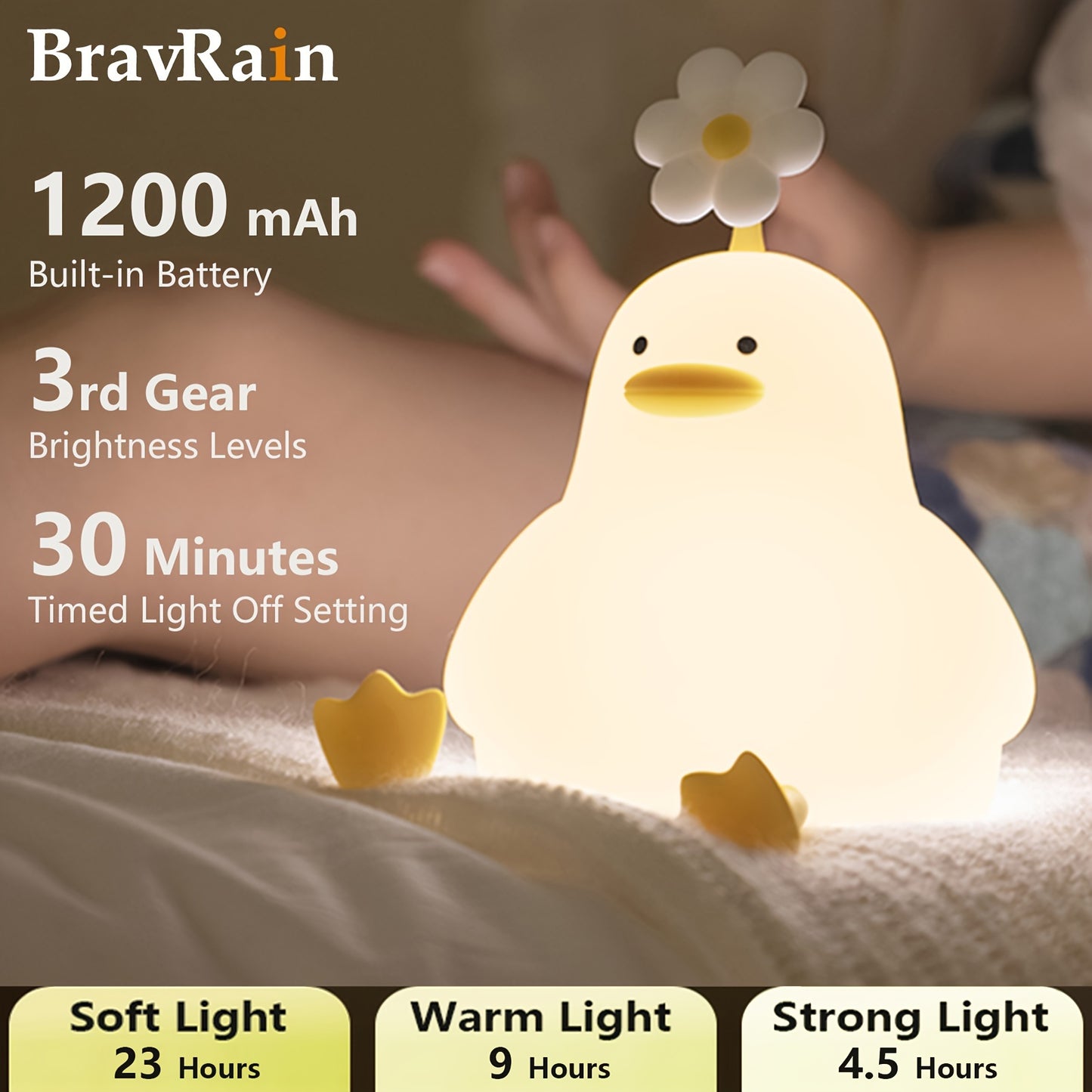 Silicone duck night light for bed with shooting control, adjustable brightness, USB powered - perfect gift for boys and girls on birthdays or Christmas.