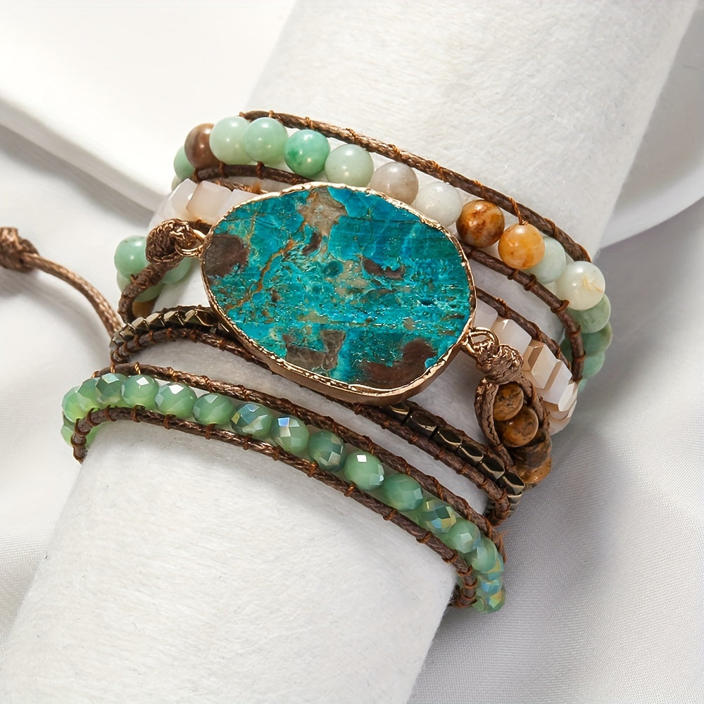 Wrap yourself in Bohemian vacation vibes with this natural stone wrap bracelet. Featuring multiple layers of beaded woven cord, this accessory is perfect for summer days and special gift occasions. Embrace the Thanksgiving holiday theme with this piece