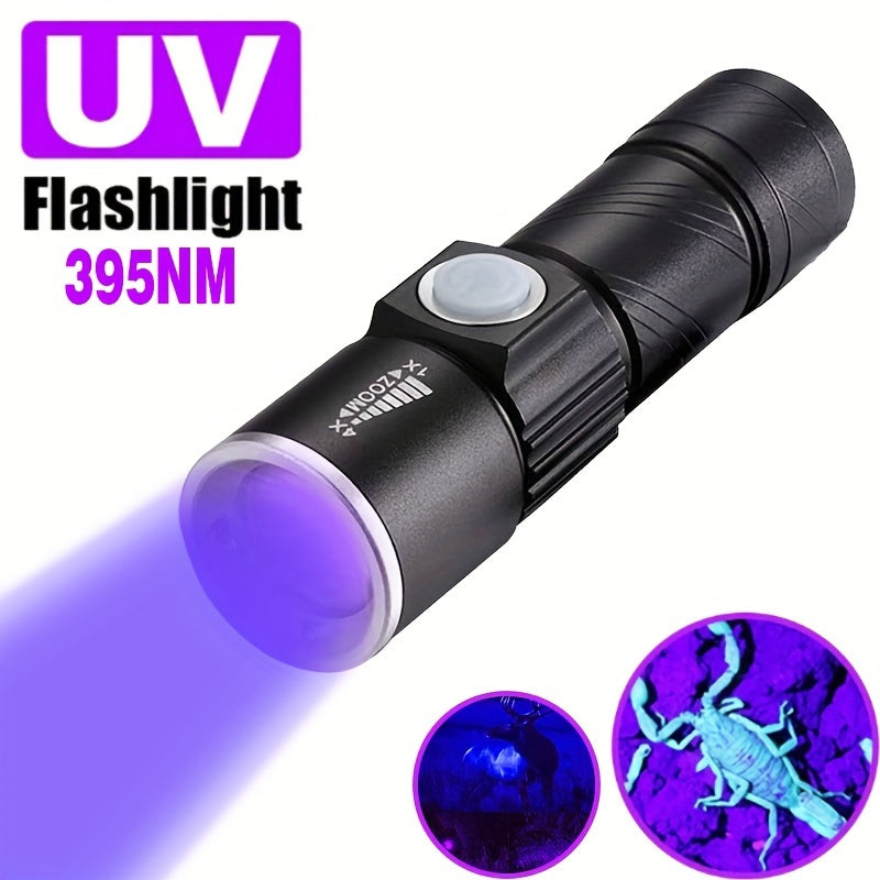 1pc Rechargeable UV flashlight for detecting pet urine stains, curing resin, and hunting scorpions.