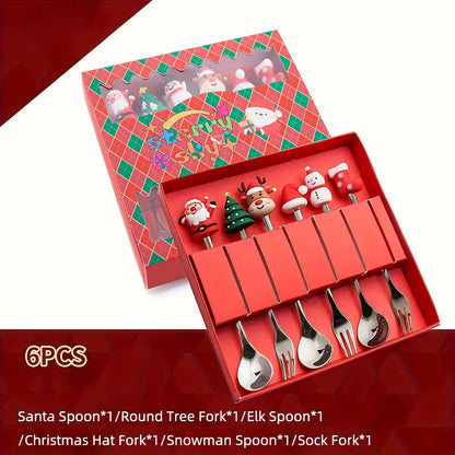 Christmas fork and spoon set, 4/6 pieces stainless steel tableware for Christmas party decoration. Gift set includes coffee, tea, and dessert forks and spoons.