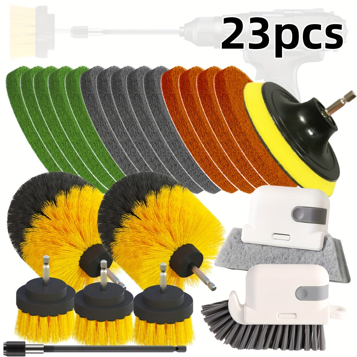 Set of 23 Pieces Including Drill Brushes, Window Brushes, Blind Spot Brushes, Dust Cleaning Brushes, Scouring Pads, and Drill Brush Accessories. Ideal for Cleaning Crevice Floors, Bathrooms, Kitchens, Tiles, Corners, Floors, Car Wheels, and Blind Spots.