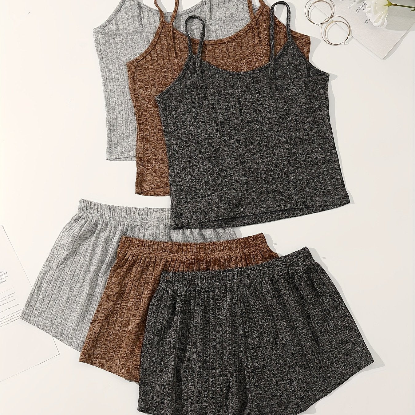 3-piece ribbed lounge set for women featuring a casual backless cami top and drawstring shorts.