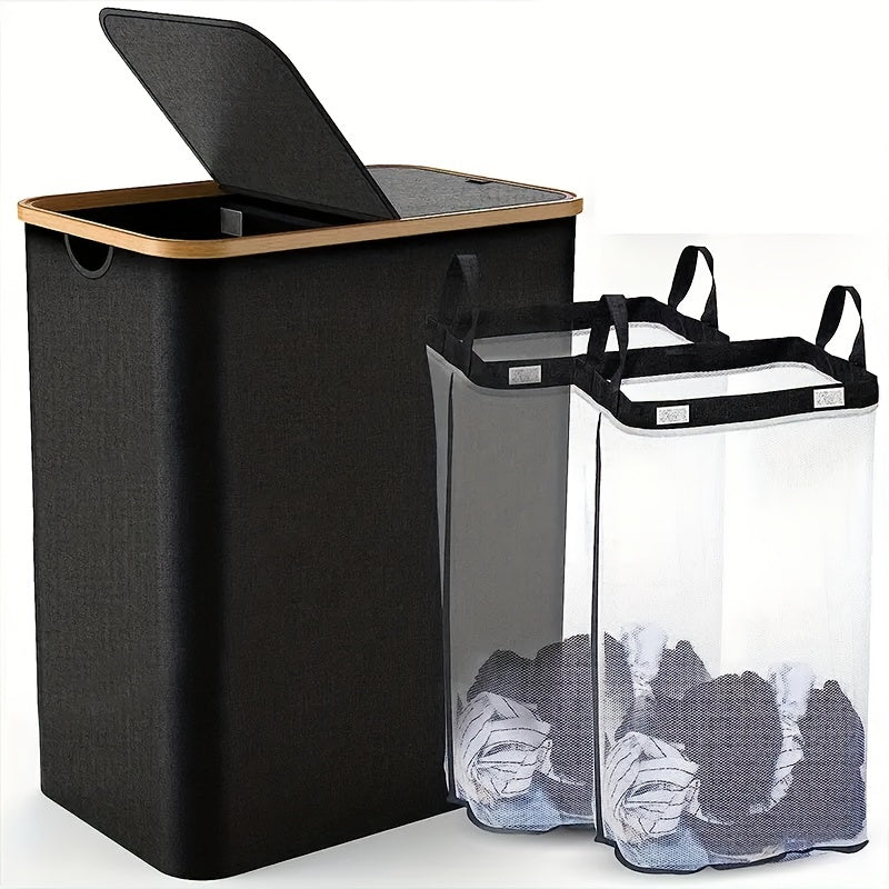 Large laundry hamper with lid and two detachable bags, perfect for organizing dirty clothes in laundry rooms, bathrooms, and dormitories. This foldable laundry basket is ideal for home organization and back to school supplies.