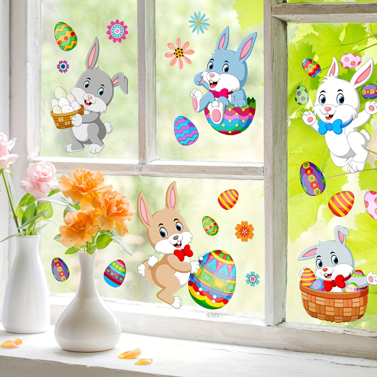 This listing is for a set of two Easter bunny and egg glass window stickers, each measuring 20*30cm. These stickers are perfect for decorating bedrooms, living rooms, balconies, and windows. They feature self-adhesive double-sided printing and are