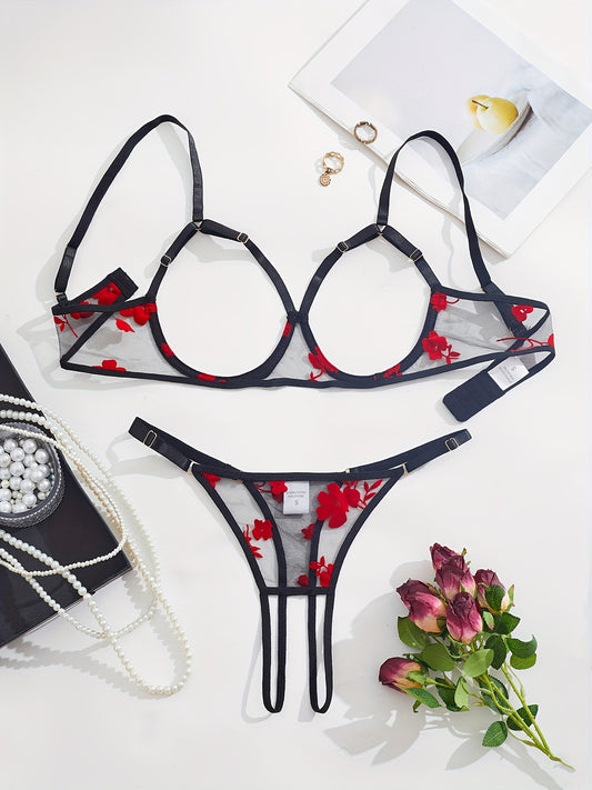 Elegant black and red floral lace bralette and thong set for women.