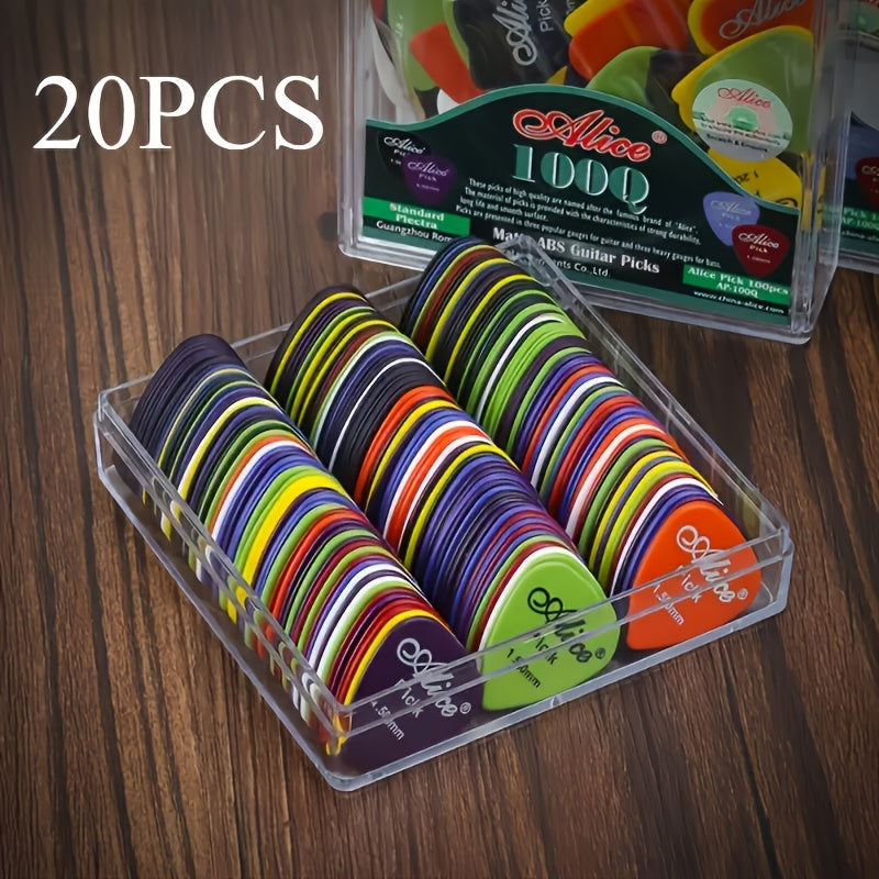 Alice Guitar Pick Set: 20pcs with various colors and thickness ranging from 0.58 to 1.5mm. Suitable for acoustic, electric, and bass guitars.